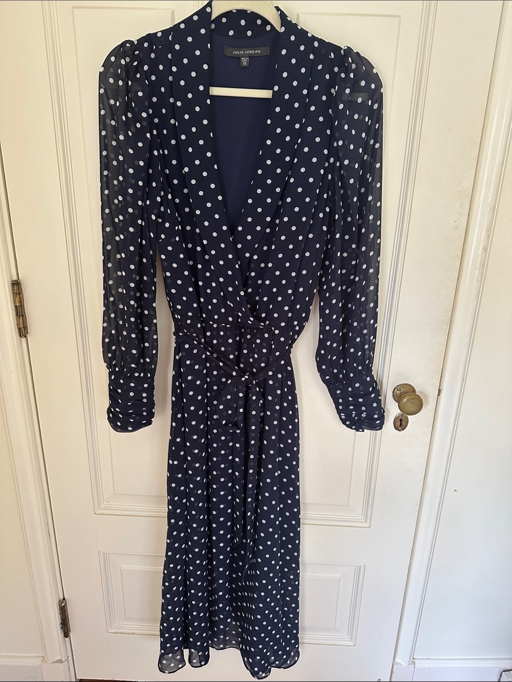julia jordan Navy and White Polka Dot Wrap Midi Dress